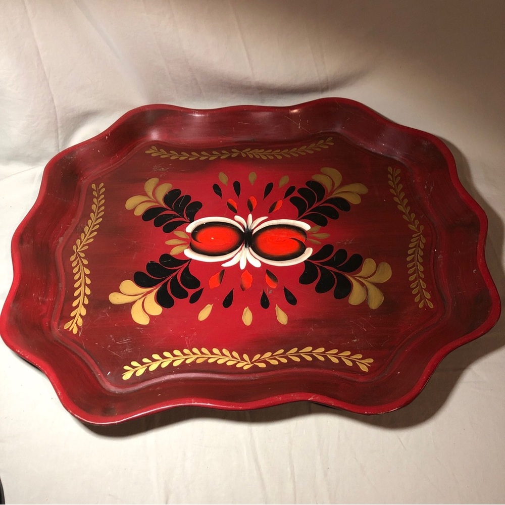 Red Decorative vintage tile Tray with Gold and Black Accents